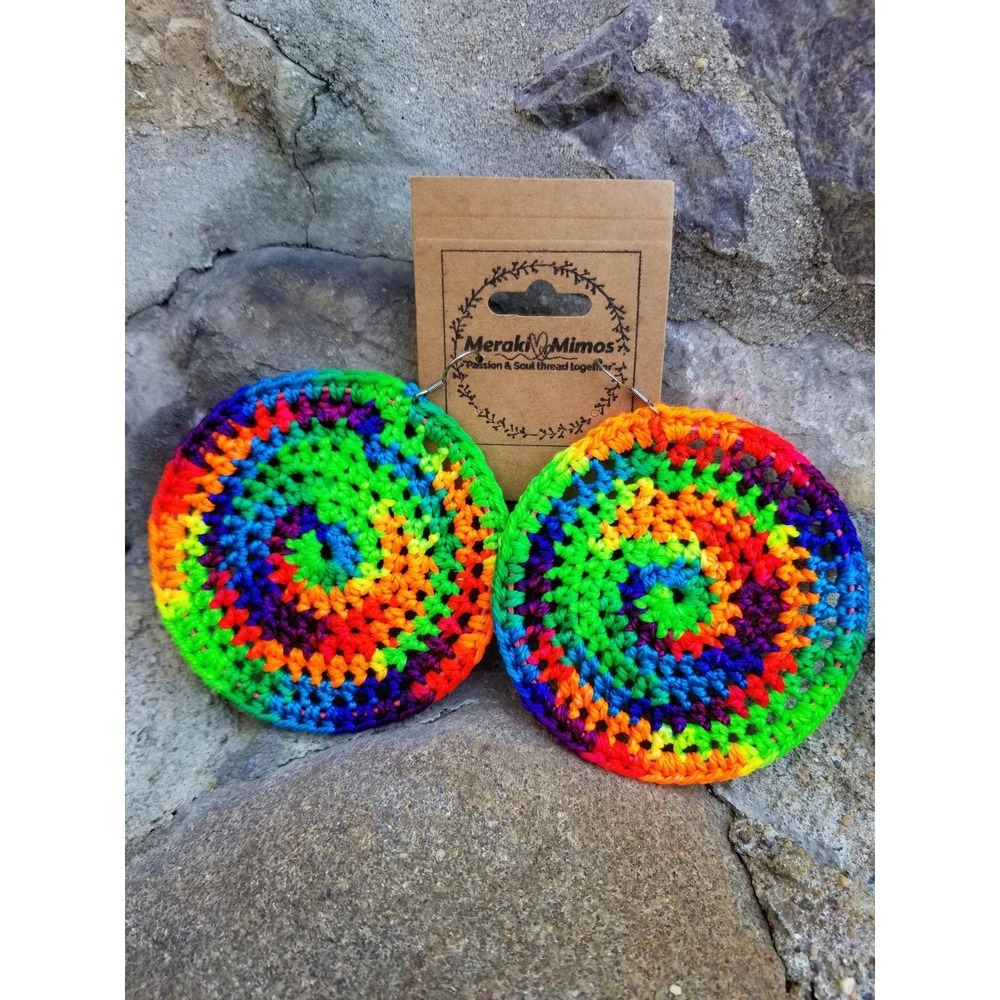 Meraki Mimos Handmade Rainbow Crochet Spiral Hoop Earrings Neon Boho Statement